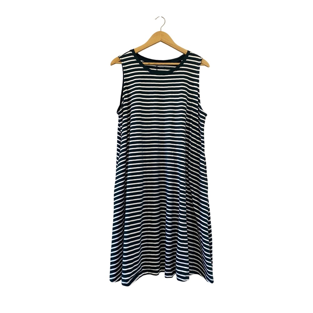 Universal Standard Striped Sleeveless Dress Green White Cotton Pockets MEDIUM